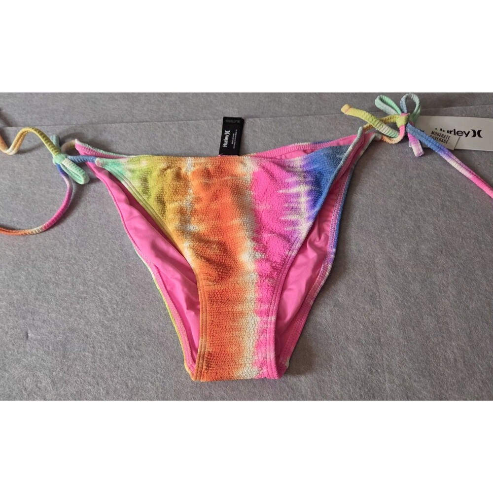 HURLEY Rainbow Ombre Tie Dye Side Tie Bikini Bottom Sz XL Moderate Coverage NWT